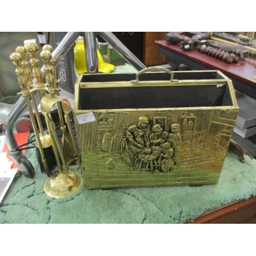 187 - A BRASS MAGAZINE RACK AND FIRE SIDE COMPANION SET