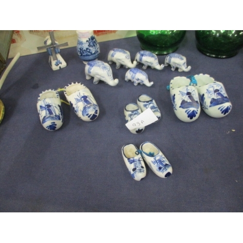 93A - COLLECTION OF BLUE AND WHITE DELFT ORNAMENTS CLOGS, ELEPHANTS ETC