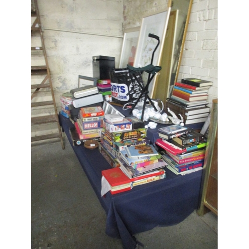 138 - LARGE MIXED LOT INCLUDING FRAMED AND GLAZED PRINTS, BOOKS, GAMES, PUZZLES, IRON, DIGI BOX, SKY HD+ A... 