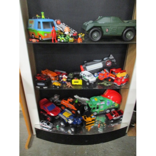 142A - 3 SHELVES OF MIXED TOYS VEHICLES, FIGURES ETC