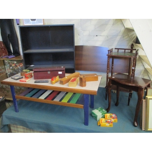 136 - A LARGE SELECTION OF MISCELLANEOUS ITEMS TO INCLUDE DOUBLE WOODEN HEAD BOARD, TELEPHONE TABLE, SIDE ... 