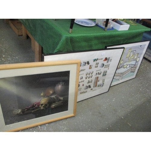 156A - 3 FRAMED AND GLAZED PRINTS - SKULL, LIGHT BULBS AND INTERIOR