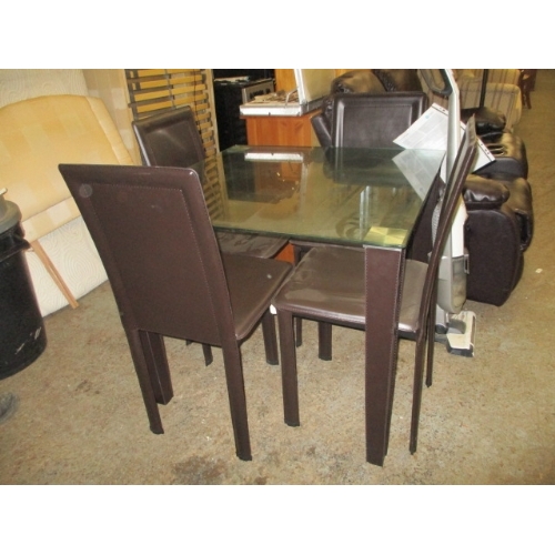 303 - SQUARE GLASS TOPPED DINING TABLE AND 4 BROWN FAUX LEATHER CHAIRS