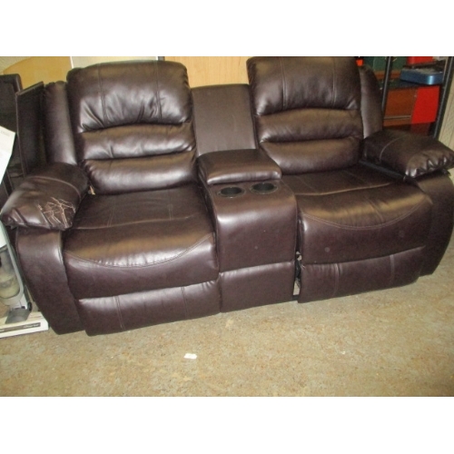 301 - BROWN FAUX LEATHER 2 SEATER SOFA WITH CENTRAL COMPARTMENT AND CUP HOLDERS