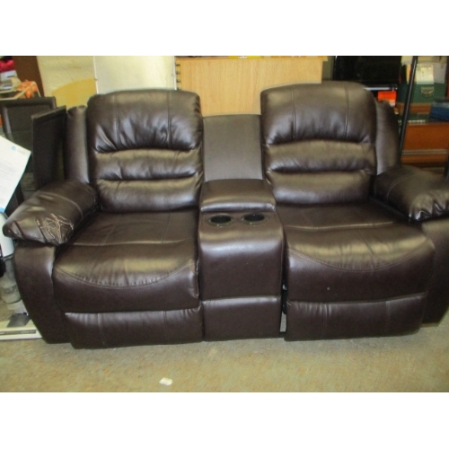 301 - BROWN FAUX LEATHER 2 SEATER SOFA WITH CENTRAL COMPARTMENT AND CUP HOLDERS