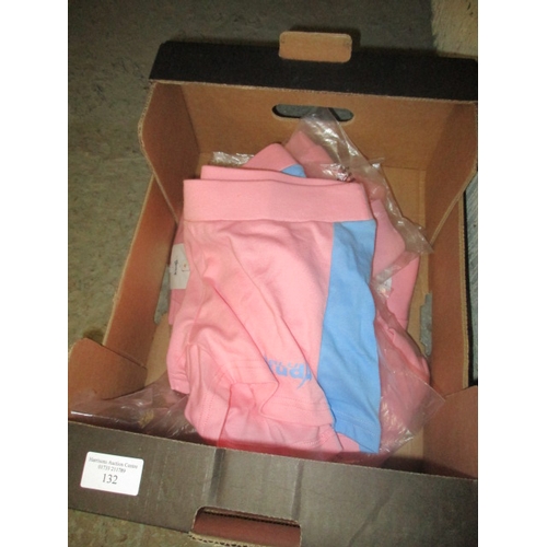 140 - 6 PAIRS OF PINK SHORTS WITH BLUE STRIPE TO EACH LEG SIZE 12-13 YRS