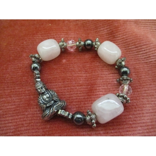 17 - BRACELET SILVER WITH OBLONG SHAPED  PINK ROSE QUARTZ AND SILVER  BEADS