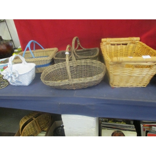 97 - LARGE WICKER BASKET WITH HANDLES PLUS 3 OTHERS ALSO A BASKET WEAVE CERAMIC BASKET