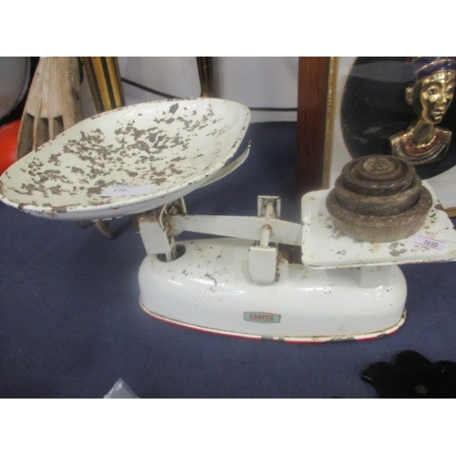 130 - ENAMELLED WEIGHING SCALES WITH WEIGHTS BY HARPER