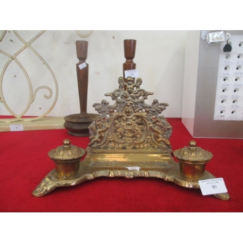 90 - BRASS DECORATIVE  LETTER HOLDER WITH INK WELLS