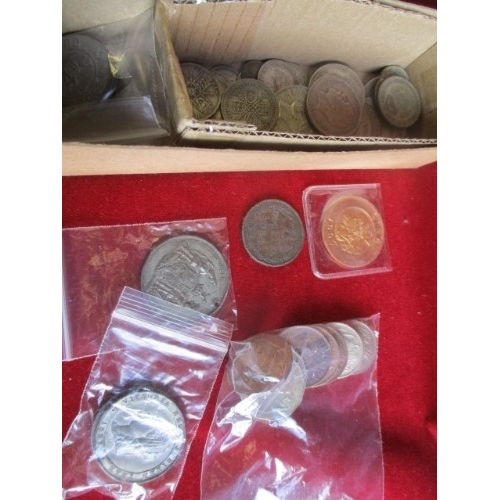 28 - BOX OF MIXED COINS, MEDALLIONS ETC, MOSTLY SILVER