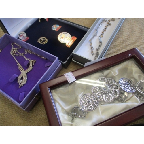 48 - BOX OF TWO SILVER NECKLACES, TWO VINTAGE NECKLACE AND EARRING SETS PLUS AN INTERFLORA PRESENTATION B... 