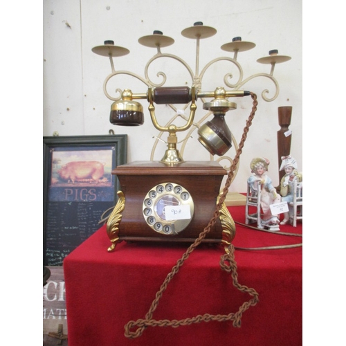 90A - REPRODUCTION TELEPHONE IN WOOD WITH METAL ORNATE DETAIL