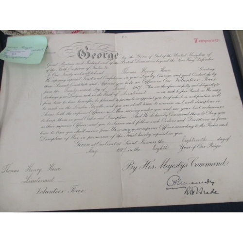64 - WWI THE DOCUMENT A ROYAL COMMISSION WARRANT MAKING HIM UPTO  LIEUTENANT THOMAS HENRY HOWE VOLUNTEER ... 
