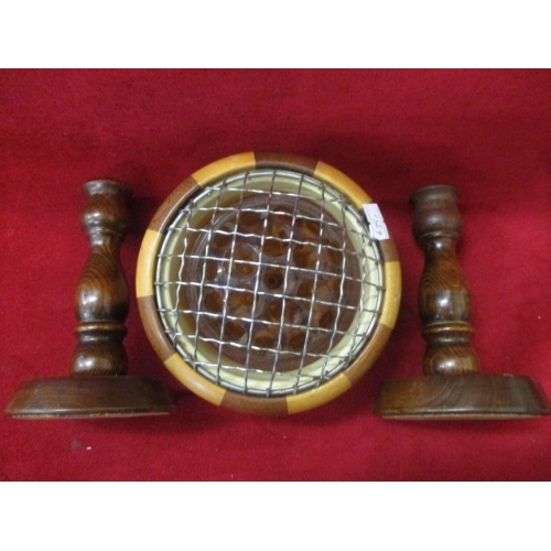 63 - TREEN ROSE BOWL AND PAIR OF TURNED CANDLE STICKS