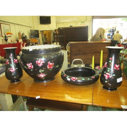 71 - COLLECTION OF VICTORIAN HAND PAINTED BLACK PORCELAIN POTS, VASES AND PLANTER WITH HAND PAINTED ROSE ... 