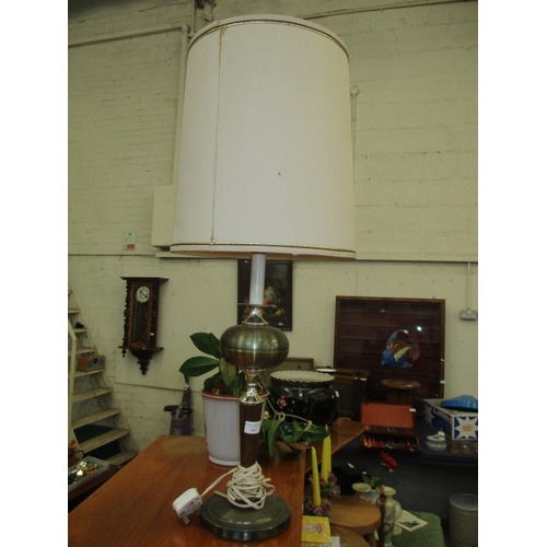 83 - METAL AND WOOD TABLE LAMP WITH LARGE CREAM LAMP SHADE