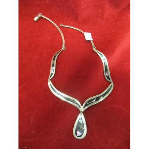 37 - MEXICAN SILVER NECKLACE WITH BLACK ENAMEL AND MOTHER OF PEARL INSET