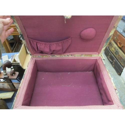 281 - A PADDED SEWING BOX ON LEGS WITH PIN CUSHION INSIDE