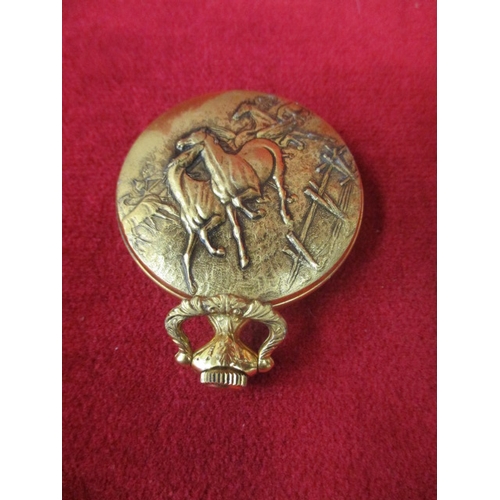 16A - GOLD METAL POCKET WATCH, HORSE THEMED, WORKING