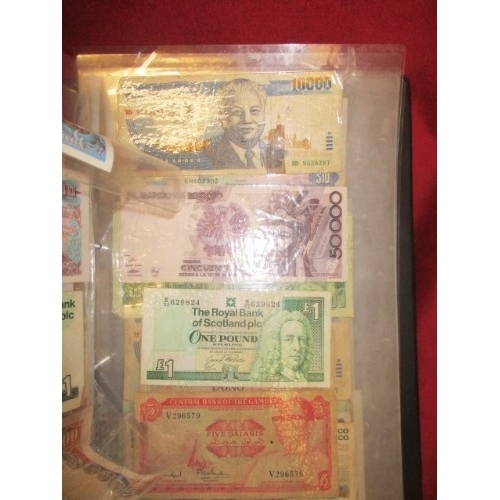 56D - FOLDER OF NOTES, LAMINATED, 11 PAGES, 44 NOTES - LIRE, INDIA, £1 SCOTLAND, GAMBIA, SRI LANKA ETC