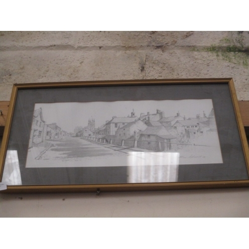 504 - SMALL FRAMED AND GLAZED OLD VILLAGE SCENE IN BLACK AND WHITE