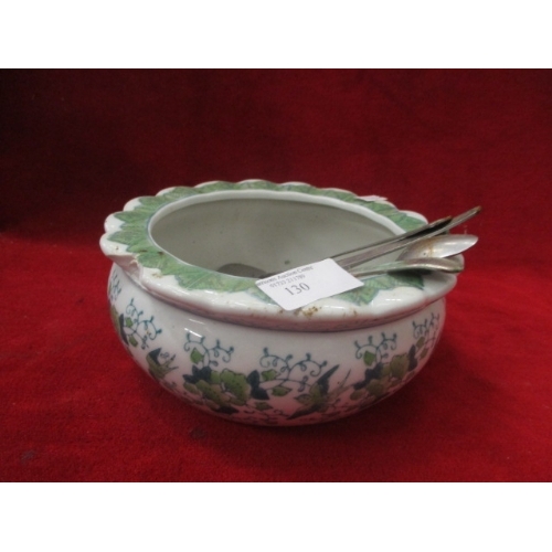 63 - GREEN AND WHITE CHINA BOWL WITH COLLECTION OF SPOONS