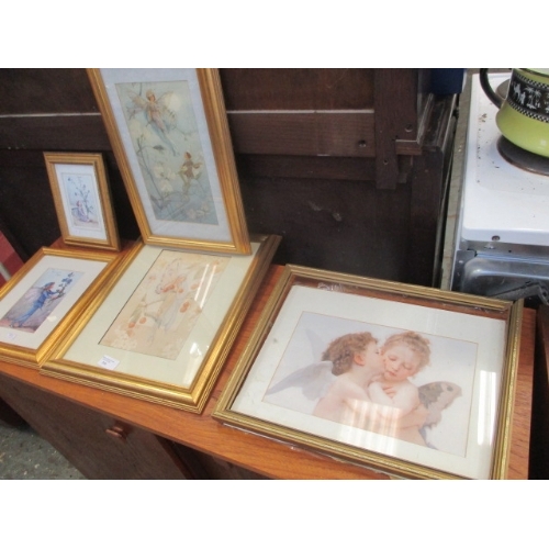 400 - 4 FANTASY FAIRY PRINTS IN GOLD FRAMES AND A CHERUB PRINT
