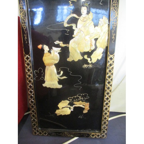 102 - PAIR OF BLACK LAQUERED CHINESE PANELS DEPICTING GIRLS AND JAYS IN MOTHER OF PEARL