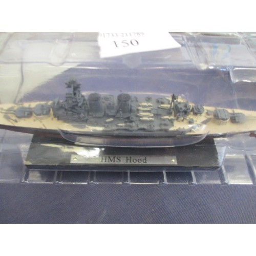 150 - 2 MODELS OF HMS HOOD AND BISMARK WARSHIPS IN PROTECTIVE CASES