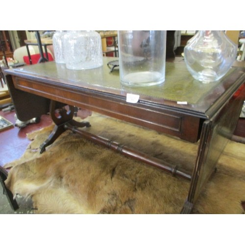 204 - REPRODUCTION SOFA TABLE WITH LEATHER INLAY AND DROPLEAF ENDS