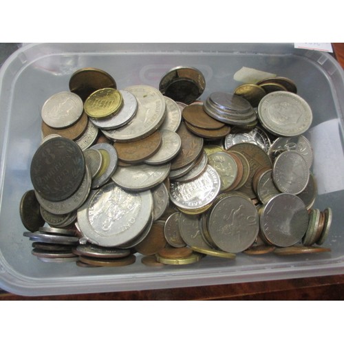 20 - TRAY OF MIXED FOREIGN COINS AND A ONE DOLLAR BILL