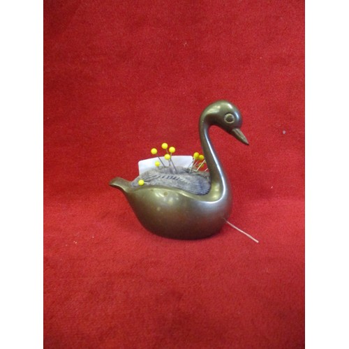 3 - SILVER PLATE ON BRASS SWAN PIN CUSHION