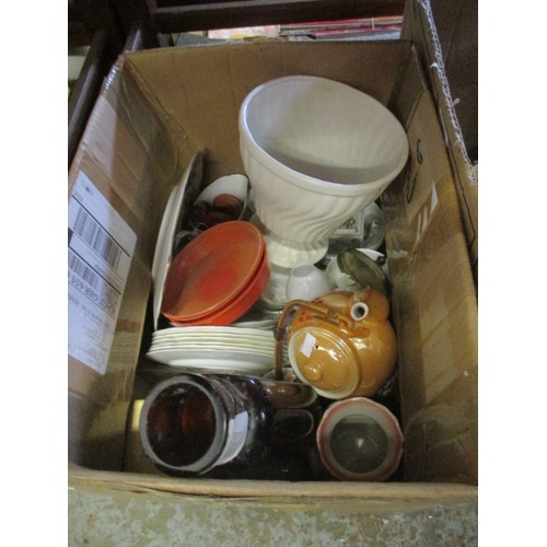 250 - 5 BOXES OF MISCELLANEOUS INCLUDING SET OF 6 CUT GLASS SHERRY GLASSES, PLANT HOLDERS AND MORE