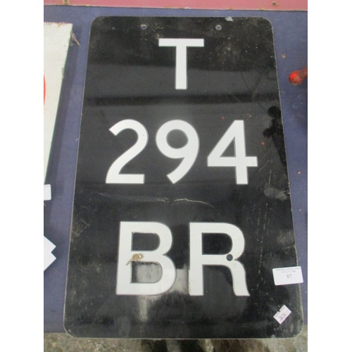 137 - BRITISH RAILWAYS BLACK METAL SIGN WITH WHITE NUMBERS AND LETTERS  T 294 BR TROBRIDGE 50cm high x 31 ... 