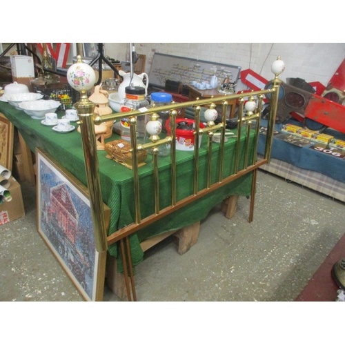 159 - BRASS DOUBLE BEDHEAD WITH FLORAL CERAMIC DETAIL