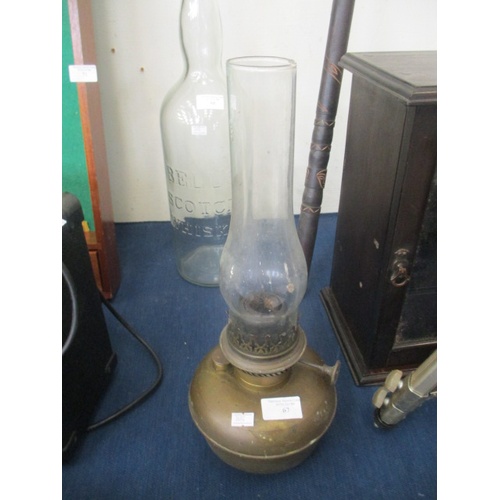 67 - VINTAGE BRASS OIL LAMP WITH CLEAR GLASS CHIMNEY