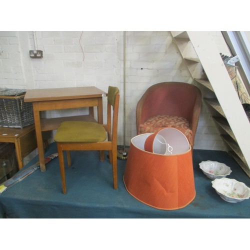 158 - A VERY LARGE MIXED LOT INCLUDING TABLE, CHAIRS, LIGHT SHADES , TELEVISION STAND, STOOL AND MORE