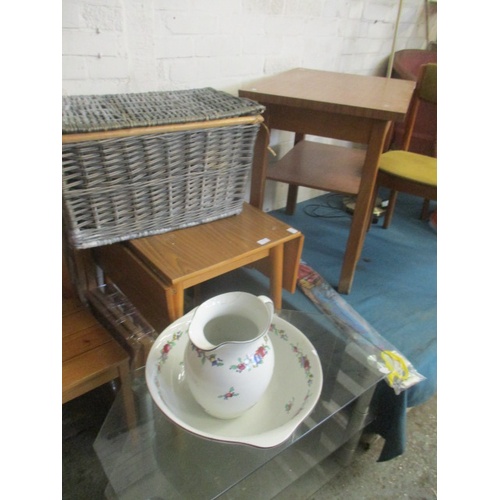 158 - A VERY LARGE MIXED LOT INCLUDING TABLE, CHAIRS, LIGHT SHADES , TELEVISION STAND, STOOL AND MORE