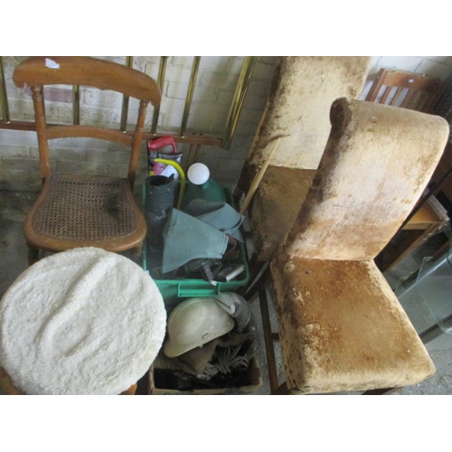 158 - A VERY LARGE MIXED LOT INCLUDING TABLE, CHAIRS, LIGHT SHADES , TELEVISION STAND, STOOL AND MORE