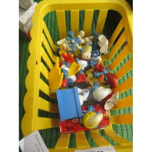 176 - YELLOW BASKET OF SMALL SMURF FIGURES