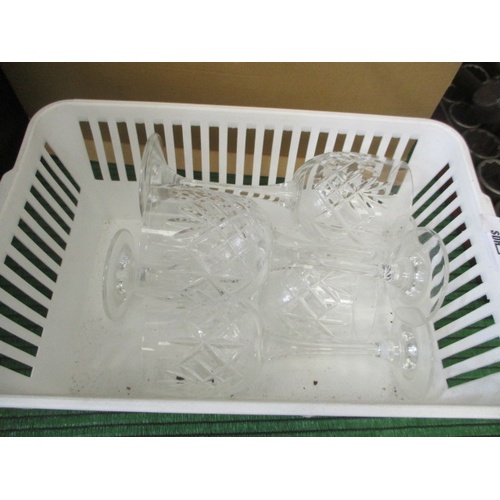183 - WHITE BASKET WITH SET OF 5 CUT GLASS WINE GLASSES