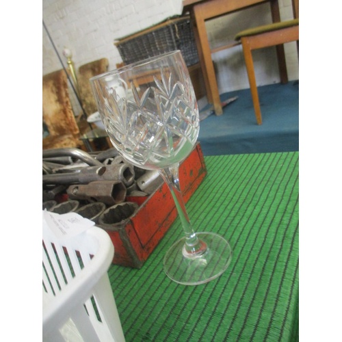 183 - WHITE BASKET WITH SET OF 5 CUT GLASS WINE GLASSES