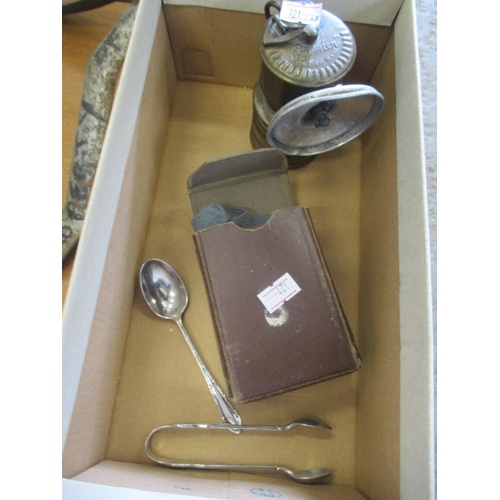 268 - BOX CONTAINING SILVER PLATED SUGAR NIPS AND SILVER SPOON, AN OLD MINERS LAMP AND A PAIR OF VINTAGE M... 