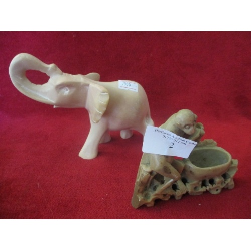 2 - SOAPSTONE ELEPHANT AND SOAPSTONE MONKEY HAND CARVED IN CHINA