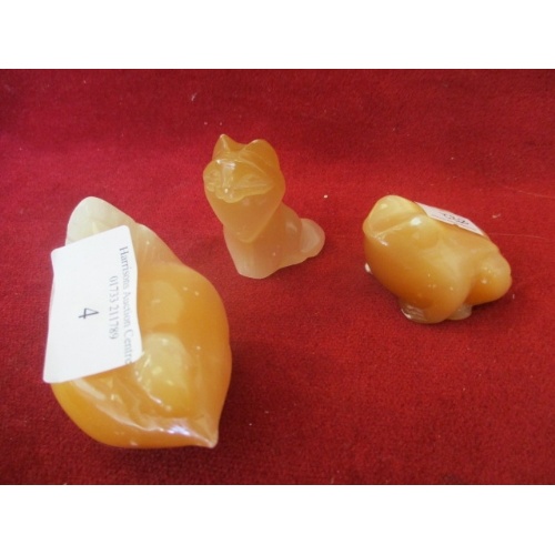 4 - HIMALAYAN SALT SOAP STONE HAND CARVED BIRD, FROG AND LARGE CAT