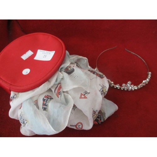 21 - GLASS STONE ENCRUSTED TIARA IN A RED CASE AND A SILK SCARF
