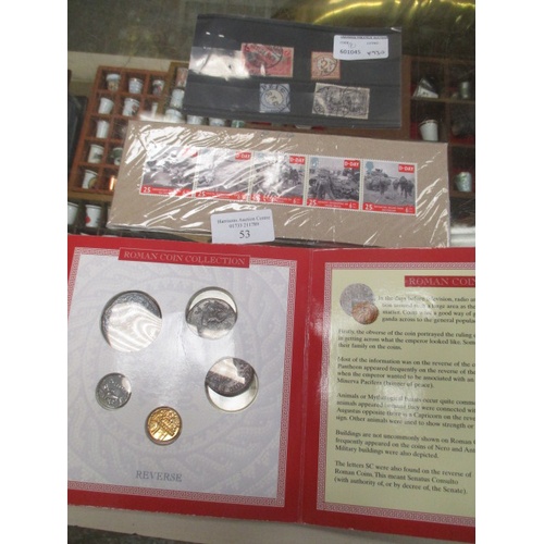 53 - REPRODUCTION ROMAN COINS AND  D DAY STAMPS 
PLUS OTHERS