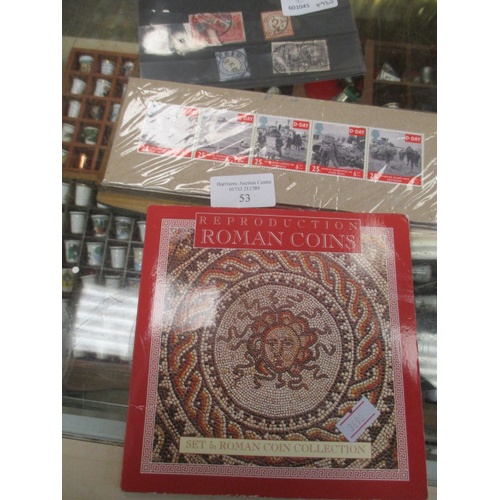 53 - REPRODUCTION ROMAN COINS AND  D DAY STAMPS 
PLUS OTHERS