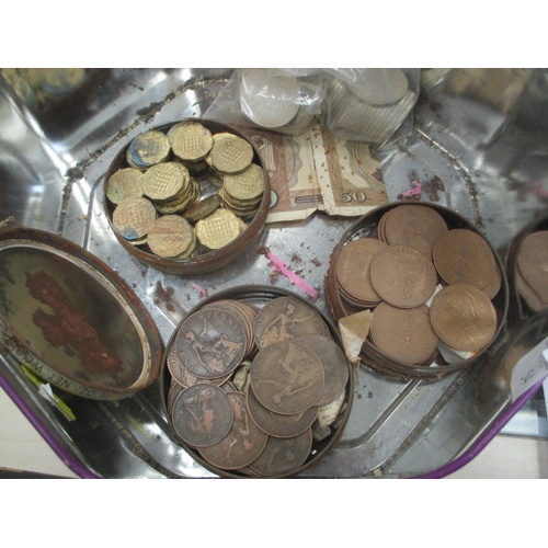 54 - TIN OF OLD COINS - THREEPENCE AND PENNIES PLUS SOME NOTES